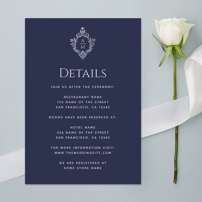 Carte D'accompagnement Détails de mariage Crest Navy Blue Monogramme Vint (Créateur téléchargé)