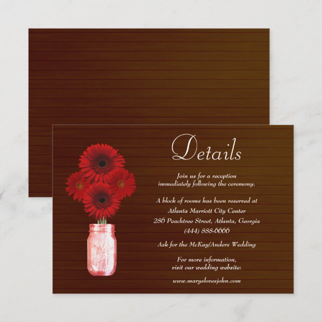 Carte D'accompagnement Détails de mariage dans un pot Mason floral rouge  (Devant / Derrière)