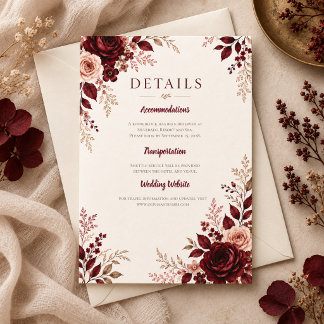 Carte D'accompagnement Détails de mariage d'automne romantique en bordeau