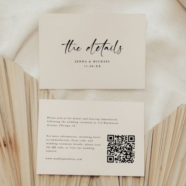 Carte D'accompagnement Détails de mariage de code QR de script minimalist (Créateur téléchargé)