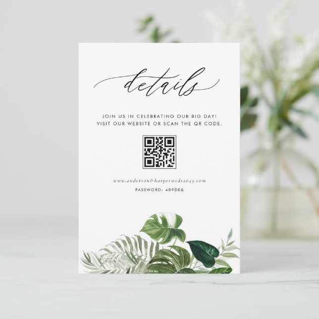 Carte D'accompagnement Détails de mariage de code QR d'été Monstera aquar (Debout devant)