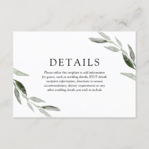 Carte D'accompagnement Détails de mariage de feuille verte élégante de pr