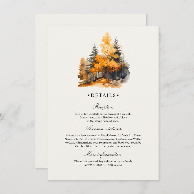 Carte D'accompagnement Détails de mariage de forêt d'automne, pins (Devant / Derrière)