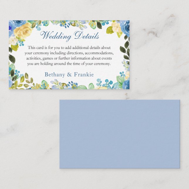 Carte D'accompagnement Détails de mariage de jardin de rose jaune bleu aq (Devant / Derrière)