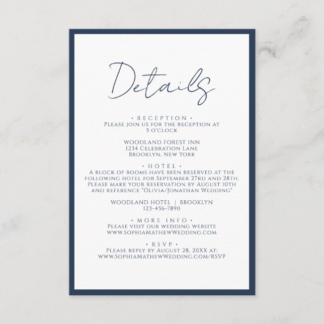 Carte D'accompagnement Détails de mariage de script bleu marine simple (Devant)