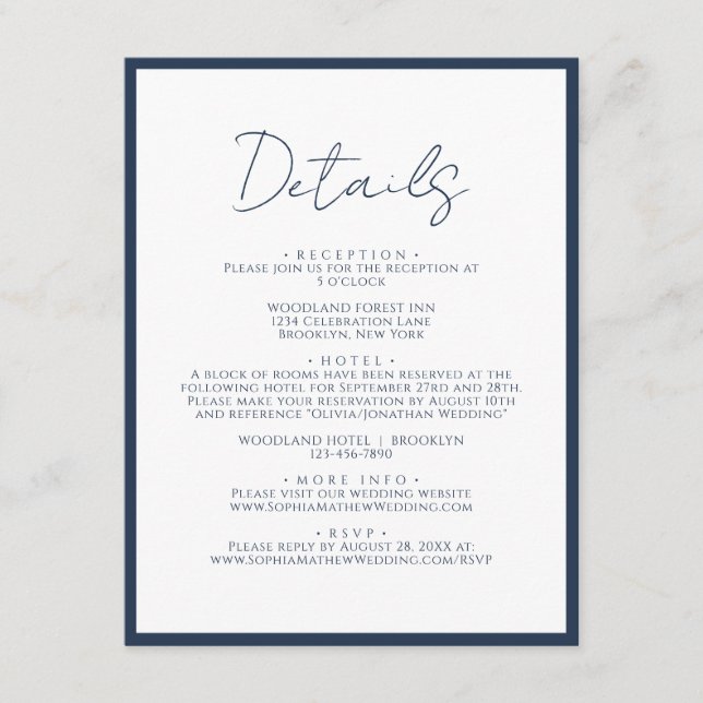 Carte D'accompagnement Détails de mariage de script de bordure bleu marin (Devant)