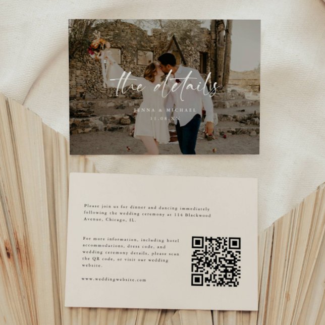 Carte D'accompagnement Détails de mariage de script de photo beige modern (Créateur téléchargé)