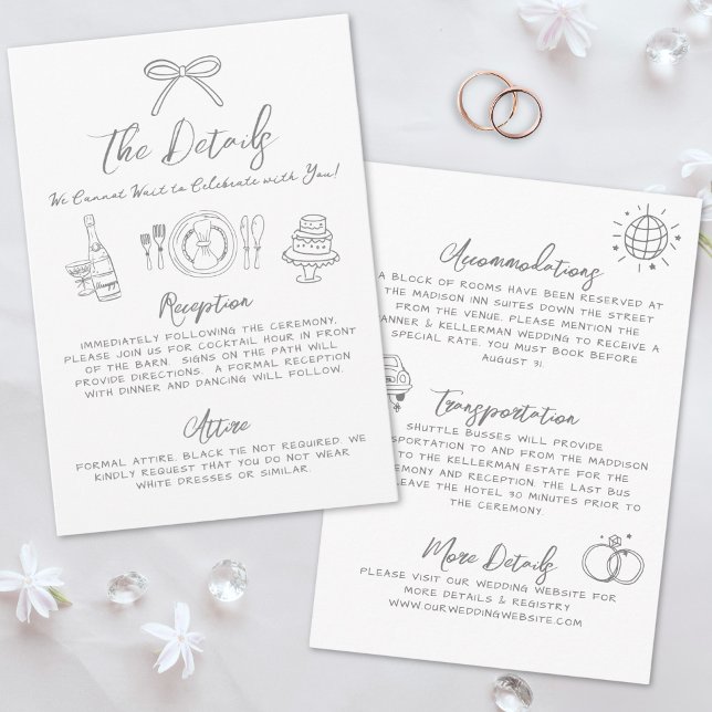 Carte D'accompagnement Détails de mariage dessinés à la main, originaux e (Hand Drawn Quirky Whimsical Wedding Details Enclosure Card )