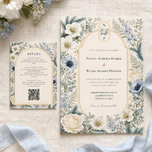 Carte D'accompagnement Détails de mariage d'hiver Code QR floral ivoire