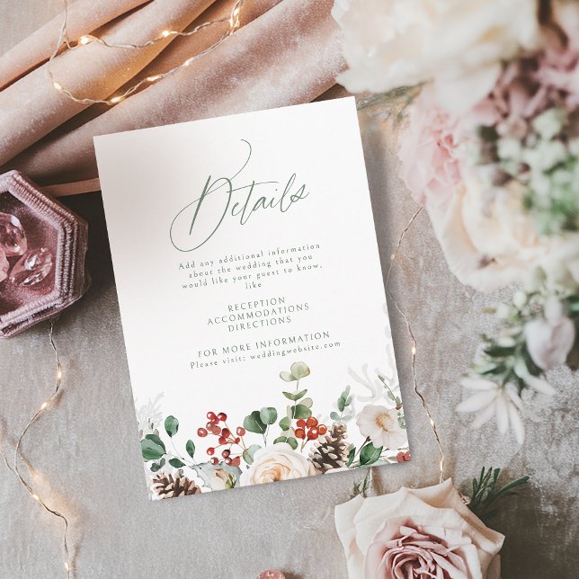 Carte D'accompagnement Détails de mariage d'hiver de fêtes florales (Festive Floral Holiday Winter Wedding Details Enclosure Card)