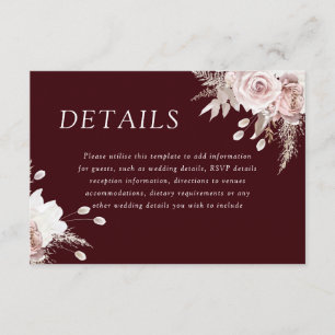 Carte D'accompagnement Détails de mariage Divine Blush Floral Deep Burgun