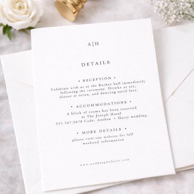 Carte D'accompagnement Détails de mariage éditorial monogramme Serif mode (Créateur téléchargé)
