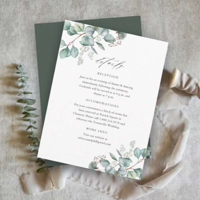 Carte D'accompagnement Détails de mariage élégant à la verdure eucalyptus (Elegant Eucalyptus Greenery Wedding Details Enclosure Cards.)