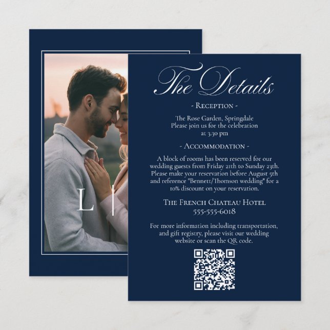 Carte D'accompagnement Détails de mariage élégant bleu marine QR-code (Devant / Derrière)
