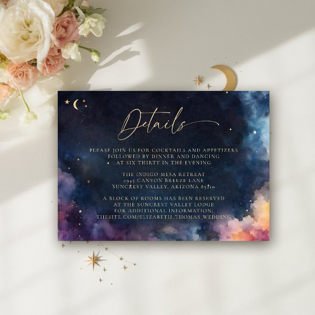 Carte D'accompagnement Détails de mariage élégant bleu minuit céleste (celestial wedding details reception card cosmic watercolor starry night sky galaxy universe astrolog)