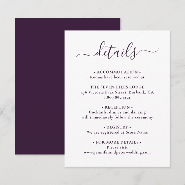 Carte D'accompagnement Détails de mariage élégant écriture violette (Devant / Derrière)