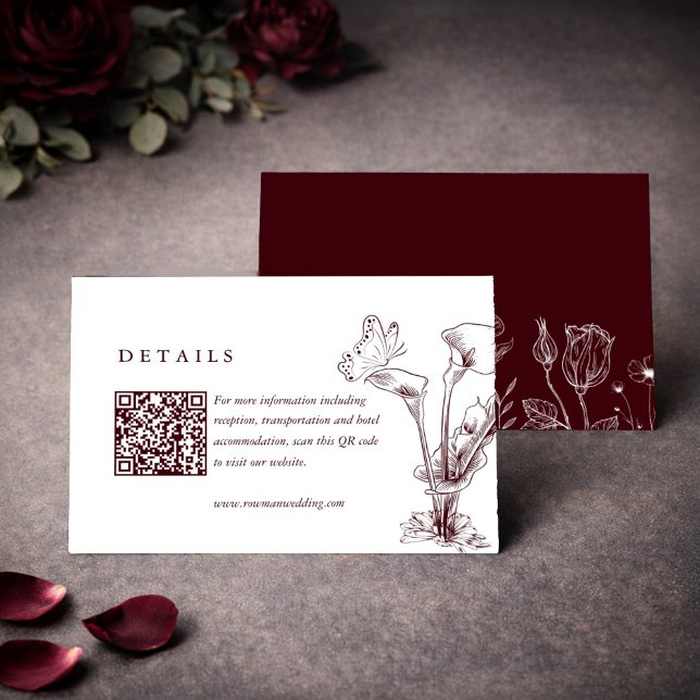 Carte D'accompagnement Détails de mariage élégant floral bordeaux Code QR (Créateur téléchargé)