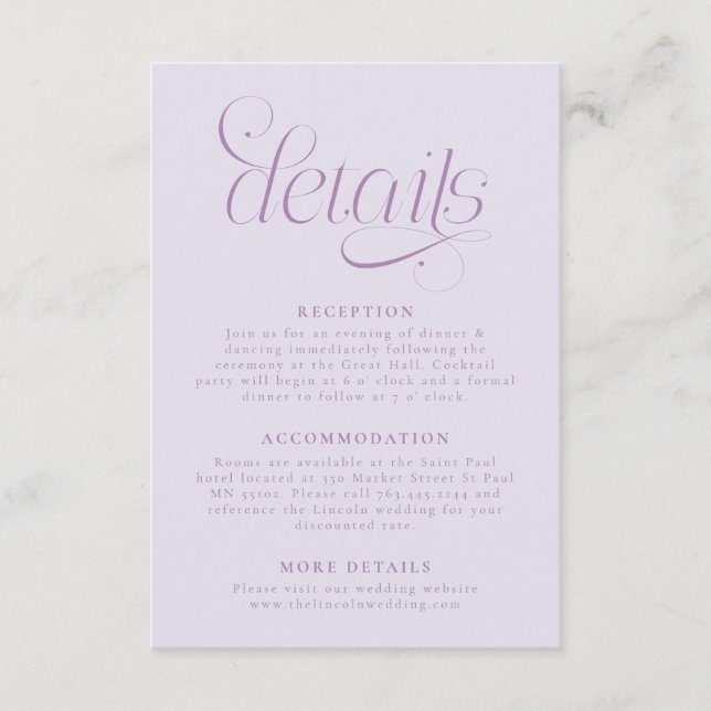 Carte D'accompagnement Détails de mariage élégant lilas (Devant)