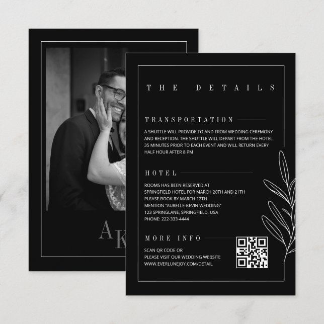 Carte D'accompagnement Détails de mariage élégant noir rustique à motif f (Devant / Derrière)