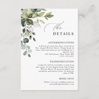 Carte D'accompagnement Détails de mariage élégant script eucalyptus verdu