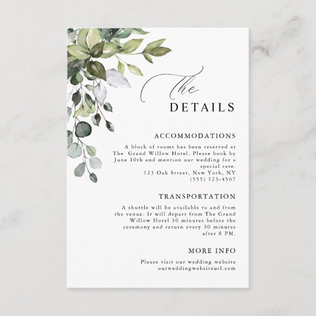 Carte D'accompagnement Détails de mariage élégant script eucalyptus verdu (Devant)