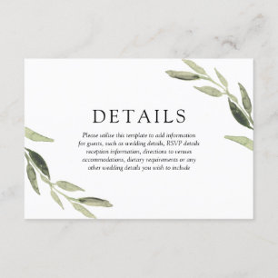 Carte D'accompagnement Détails de mariage élégants à l'aquarelle feuille