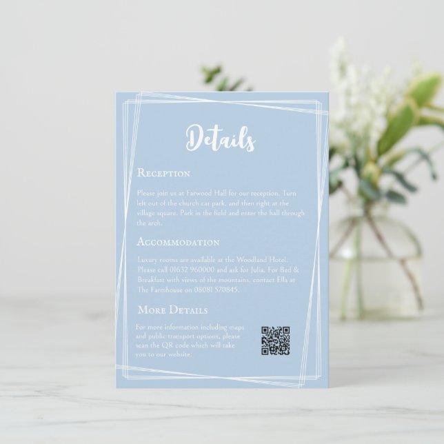 Carte D'accompagnement Détails de mariage élégants avec code QR Bleu Past (Debout devant)