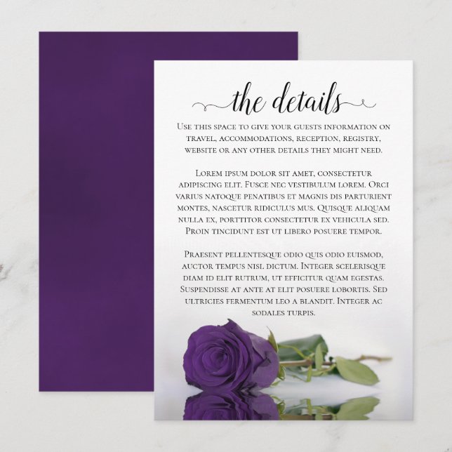 Carte D'accompagnement Détails de mariage élégants avec rose violette réf (Devant / Derrière)