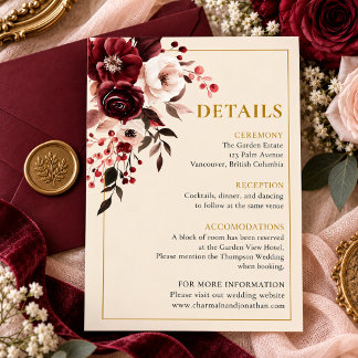 Carte D'accompagnement Détails de mariage élégants en bordeaux, rose et o