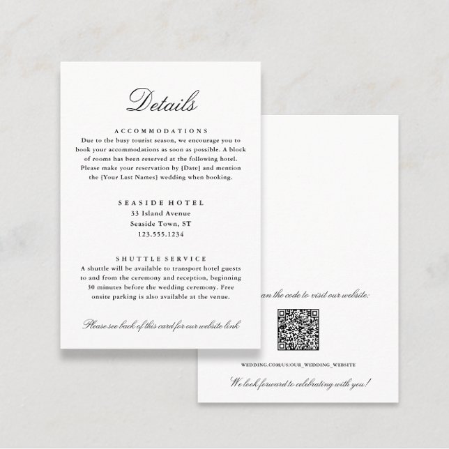 Carte D'accompagnement Détails de mariage élégants Info hôtel Code QR (Elegant Black and White Wedding Details Hotel Info QR code Enclosure Card from Coastal Map Designs)