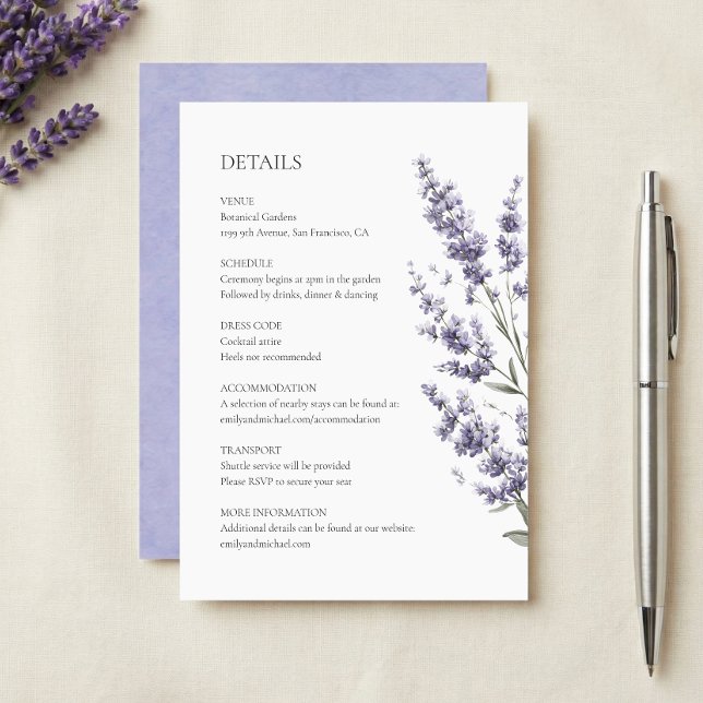Carte D'accompagnement Détails de mariage élégants lavande (Créateur téléchargé)