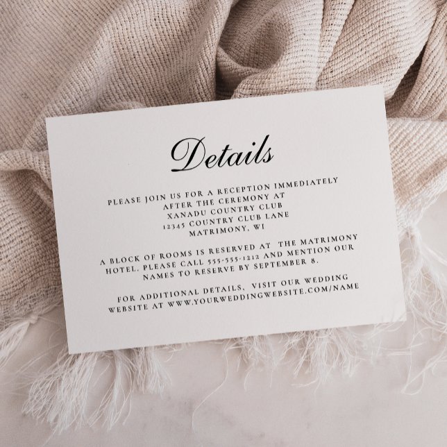 Carte D'accompagnement Détails de mariage élégants noir blanc script (Créateur téléchargé)