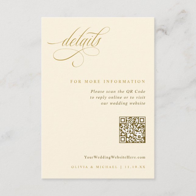 Carte D'accompagnement Détails de mariage élégants or écru (Devant)