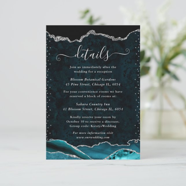 Carte D'accompagnement Détails de mariage en agate marbrée sarcelle et ar (Debout devant)