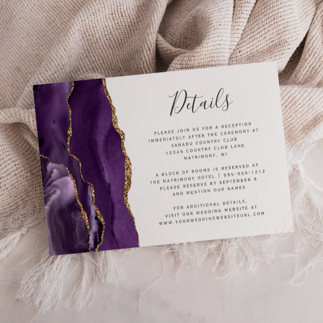 Carte D'accompagnement Détails de mariage en agate or et violet moderne (Créateur téléchargé)