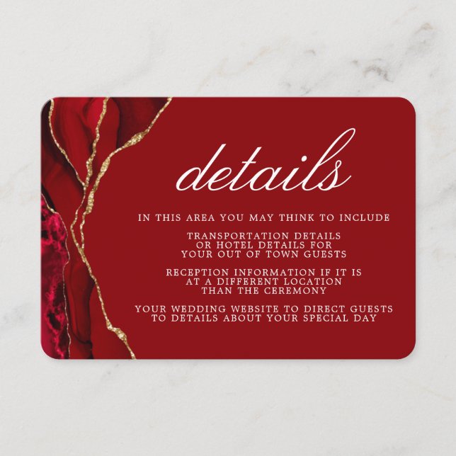 Carte D'accompagnement Détails de mariage en agate rouge et or (Devant)