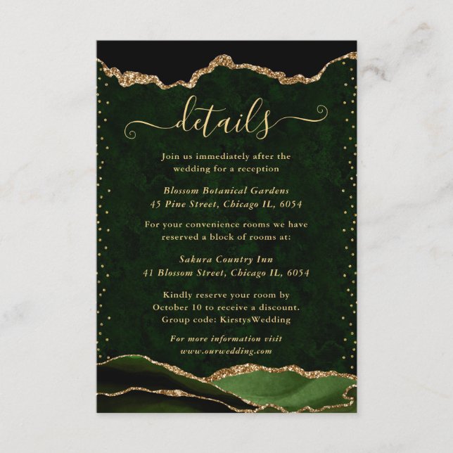 Carte D'accompagnement Détails de mariage en Agate Verte et Dorée (Devant)