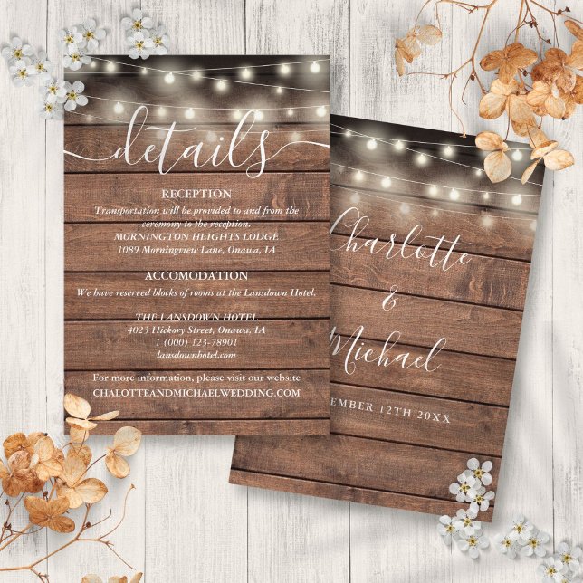 Carte D'accompagnement Détails de mariage en bois rustique avec guirlande (String Lights Rustic Wood Wedding Details Enclosure Card)