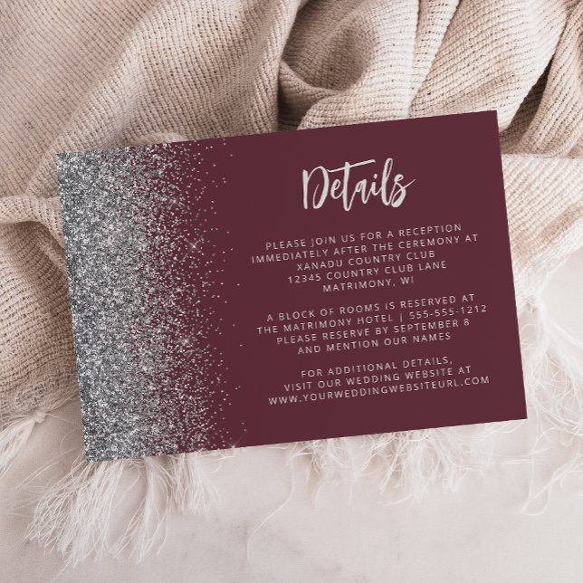 Carte D'accompagnement Détails de mariage en écriture Burgundy Silver Gli (Créateur téléchargé)