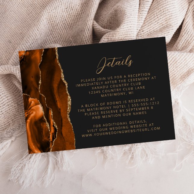 Carte D'accompagnement Détails de mariage en écriture dorée et agate oran (Créateur téléchargé)