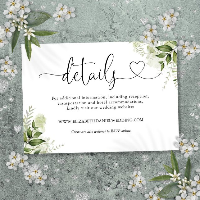 Carte D'accompagnement Détails de mariage en écriture florale de verdure (Greenery Floral Heart Script Wedding Details Enclosure Card)