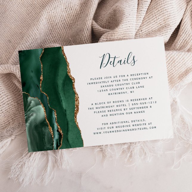 Carte D'accompagnement Détails de mariage en écriture verte Agate Or Emer (Créateur téléchargé)