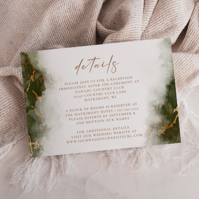 Carte D'accompagnement Détails de mariage en marbre vert olive et or (Créateur téléchargé)