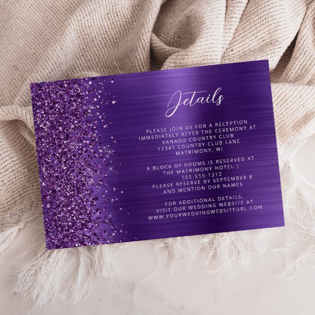 Carte D'accompagnement Détails de mariage en métal brossé violet Glam  (Créateur téléchargé)
