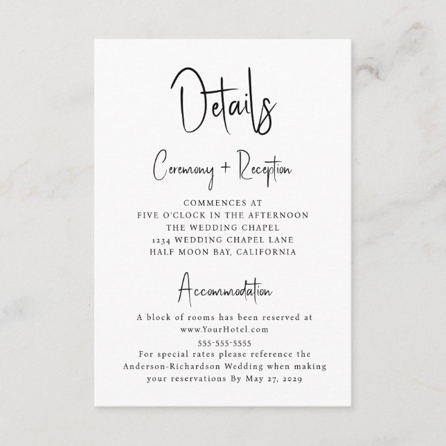Carte D'accompagnement Détails de mariage en typographie de script minima (Devant)