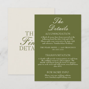 Carte D'accompagnement Détails de mariage fantaisie vert olive argent anc