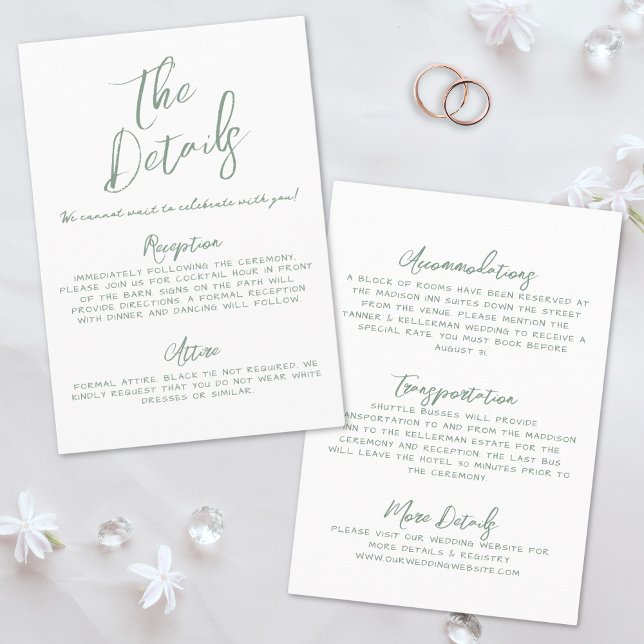 Carte D'accompagnement Détails de mariage fantaisistes écrits à la main e (Simple Handwritten Green Whimsical Wedding Details Enclosure Card)