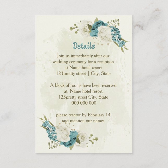 Carte D'accompagnement détails de mariage fleurs blanches bleues verdure (Devant)
