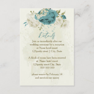 Carte D'accompagnement détails de mariage fleurs blanches bleues verdure