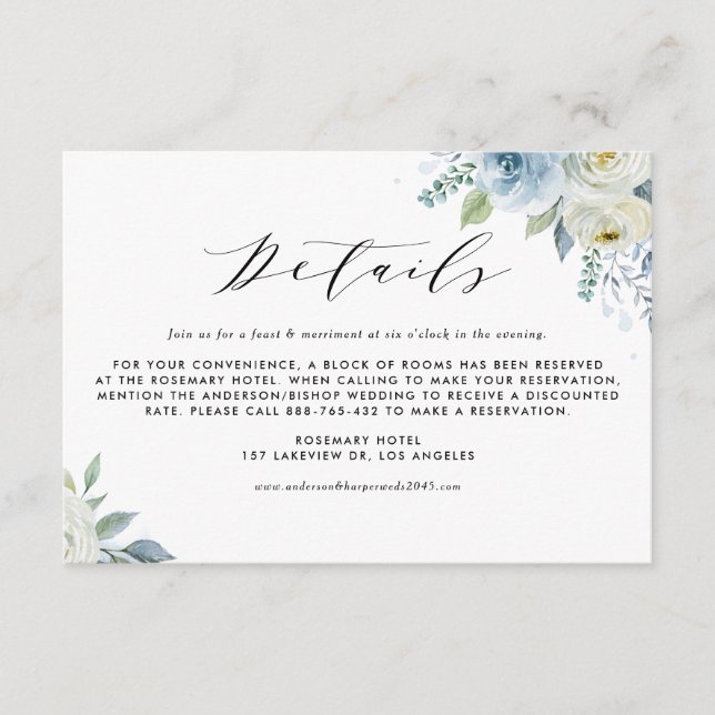 Carte D'accompagnement Détails de mariage Fleurs Blanches et Bleu à l'aqu (Devant)